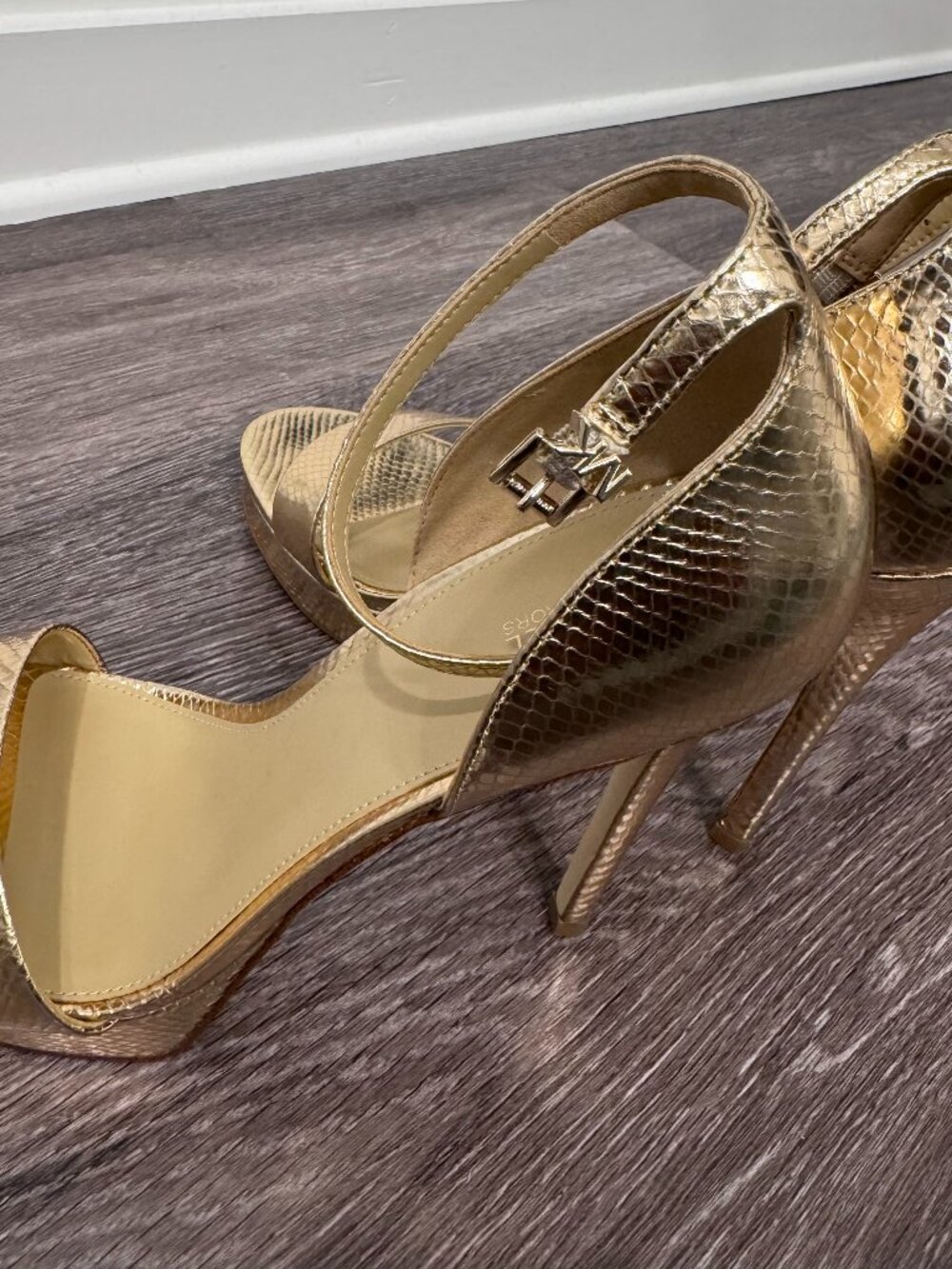 Michael Kors Gold Textured Heels Size 11 Ankle Strap Stiletto Sandals - Picture 7 of 9
